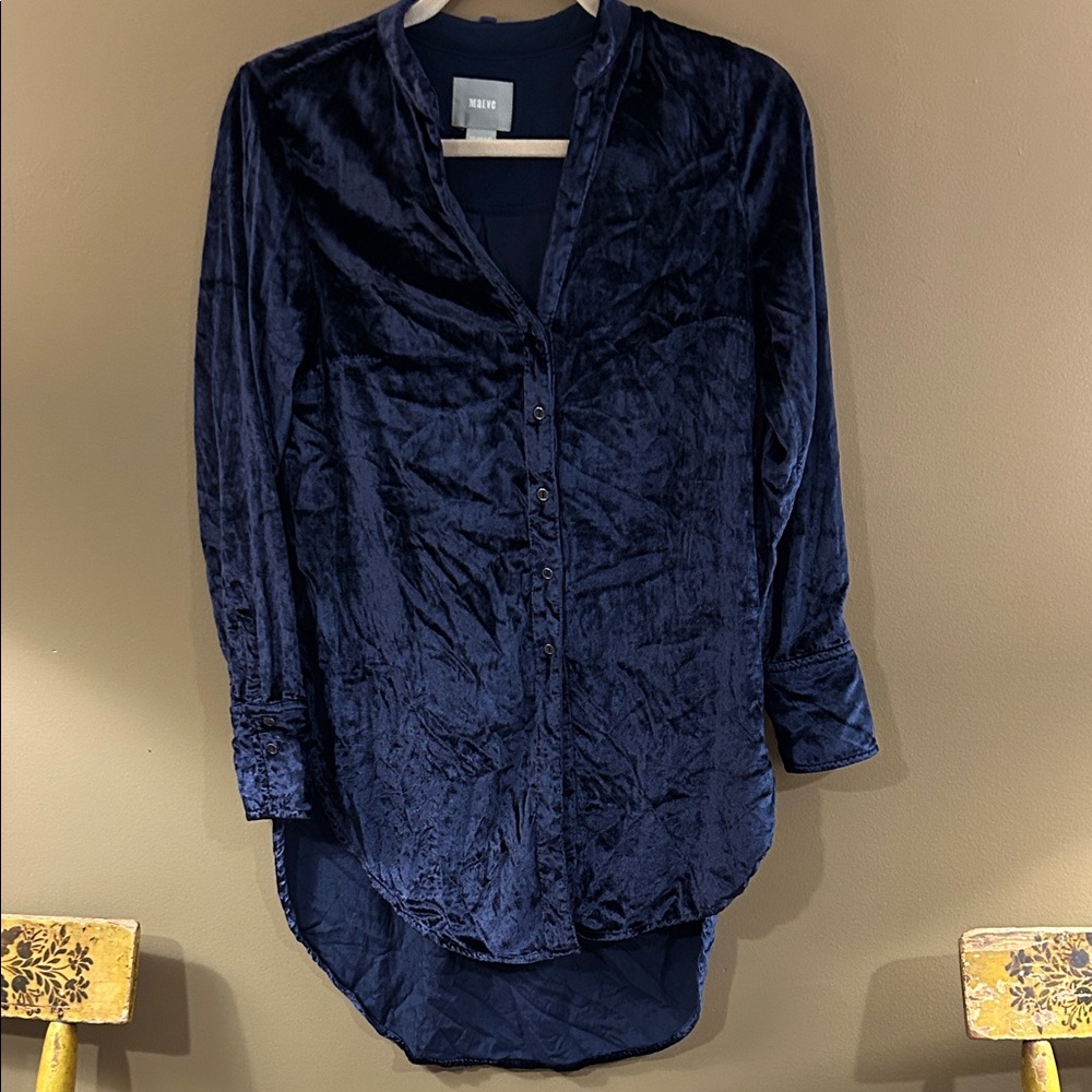 Maeve Deep Blue Velvet Button-Down Shirt